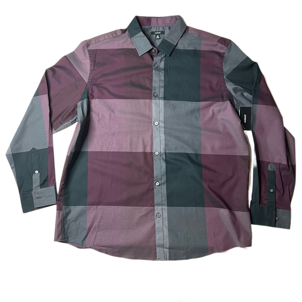NWT Alfani Long Sleeve Plaid Burgundy Button Up Dress Shirt 2XL XXL